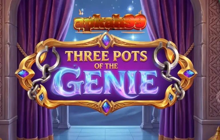 Tampilan visual slot Three Pots of the Genie dengan latar belakang gurun dan lampu ajaib.